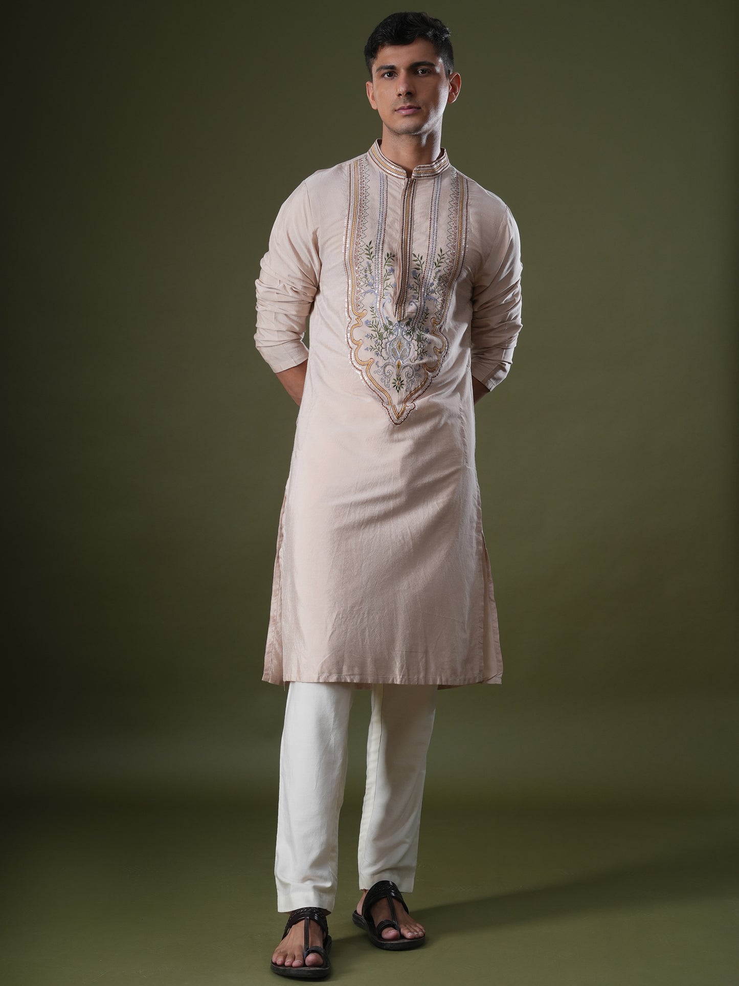 Aarnik Peach Embroidered Katan Kurta Set