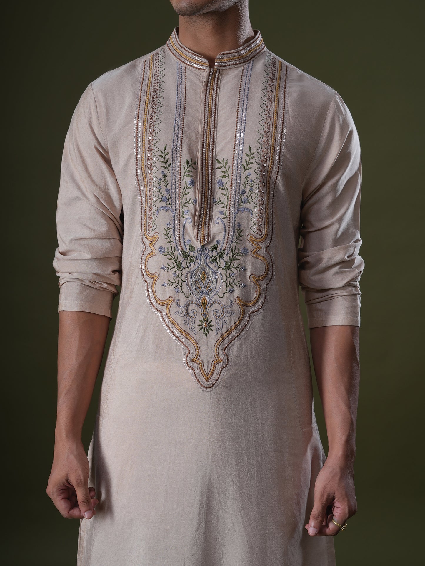 Aarnik Peach Embroidered Katan Kurta Set