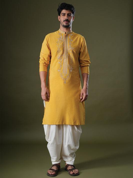 Anshul Yellow Embroidered Katan Kurta Set