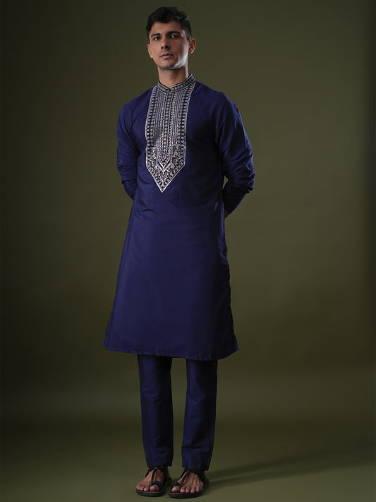 Shreen Blue Embroidered Katan Kurta Set