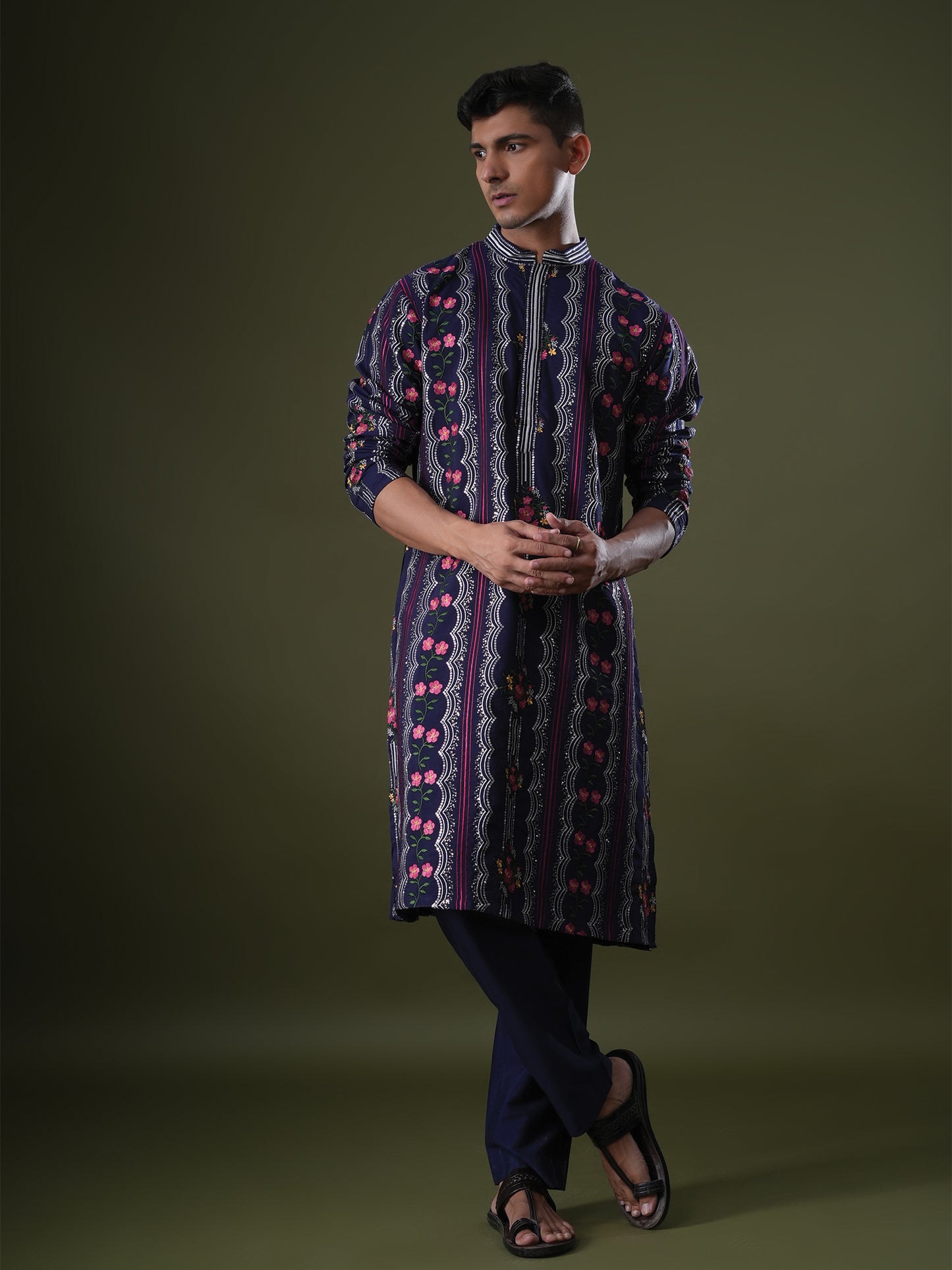 Rishan Blue Embroidered Katan Kurta