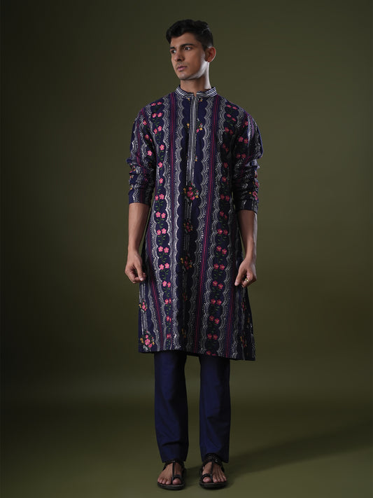 Rishan Blue Embroidered Katan Kurta