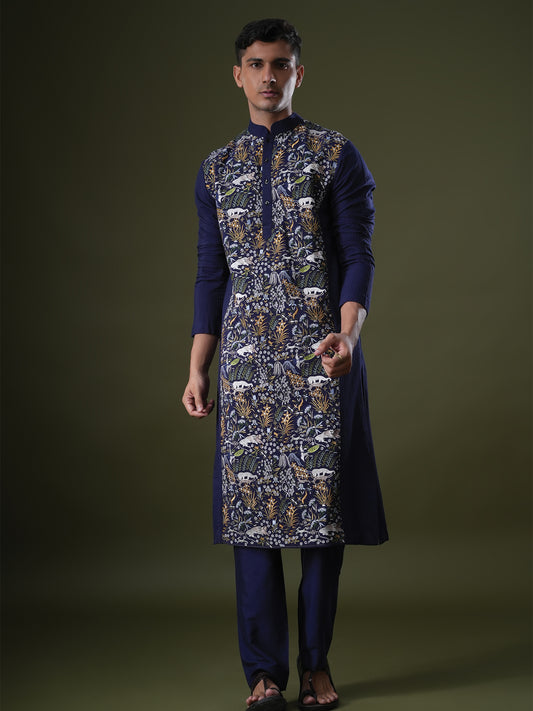Laksh Blue Embroidered Katan Kurta Set