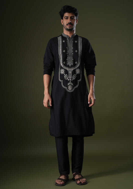 Saad Black Embroidered Katan Kurta Set