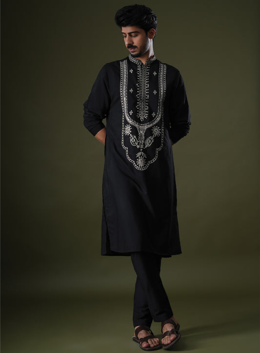 Saad Black Embroidered Katan Kurta