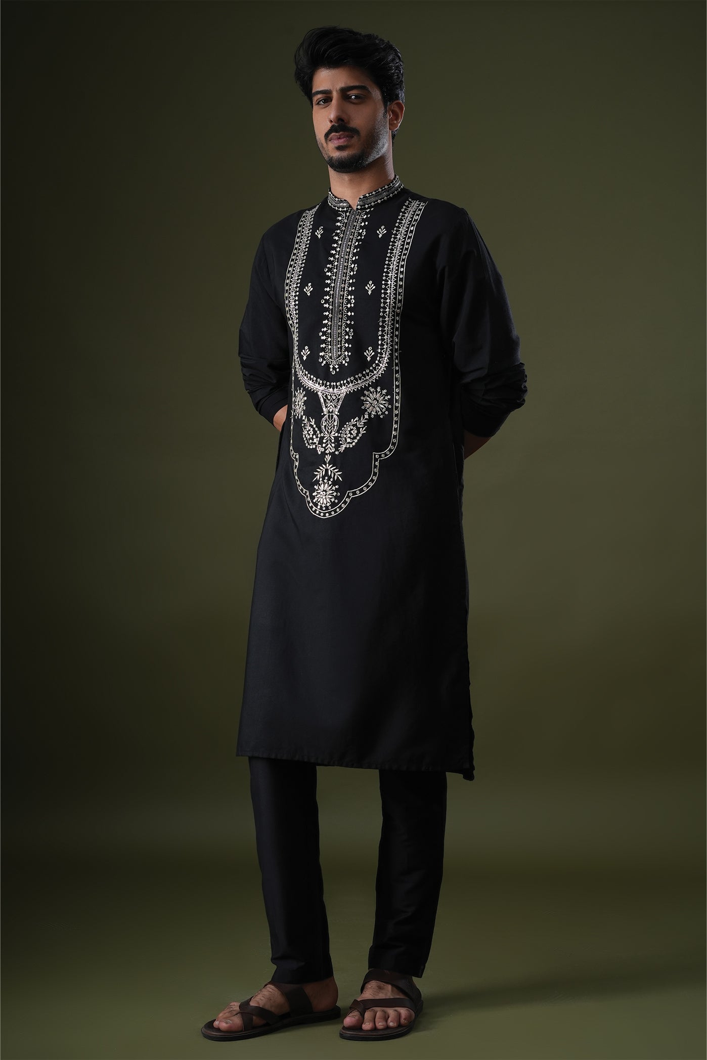 Saad Black Embroidered Katan Kurta
