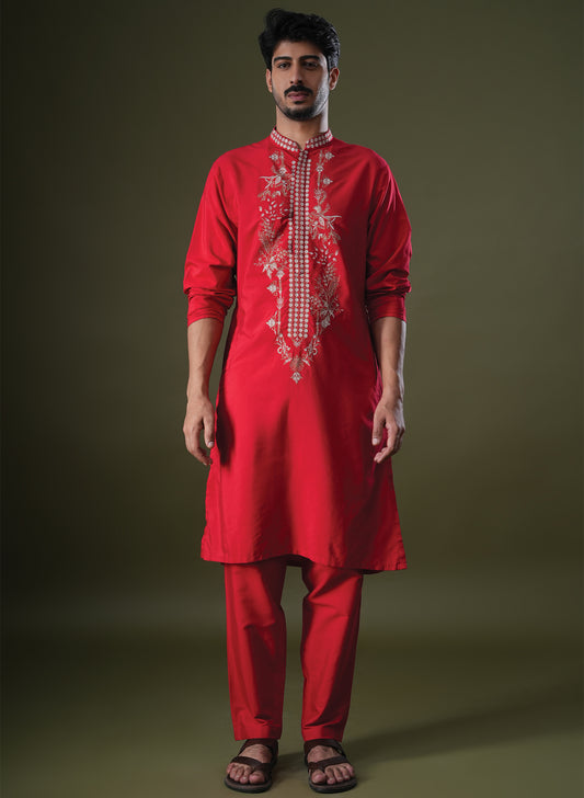 Anshul Red Embroidered Katan Kurta Set