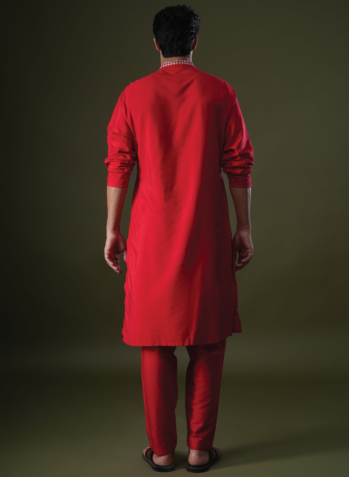 Anshul Red Embroidered Katan Kurta