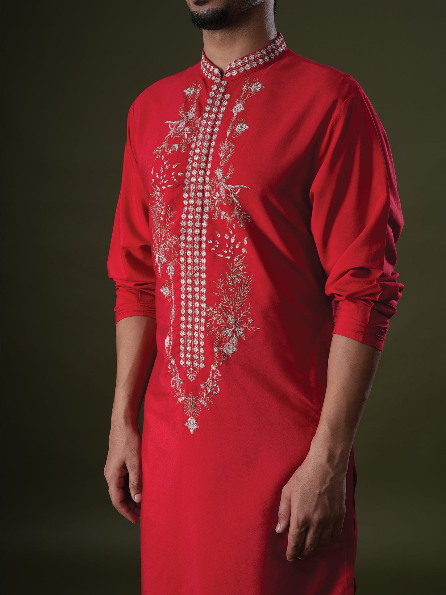 Anshul Red Embroidered Katan Kurta