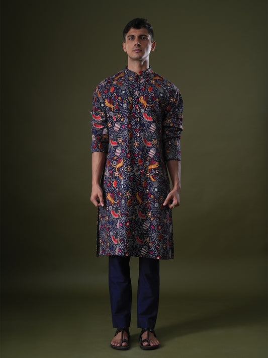 Zihab Blue Embroidered Katan Kurta Set