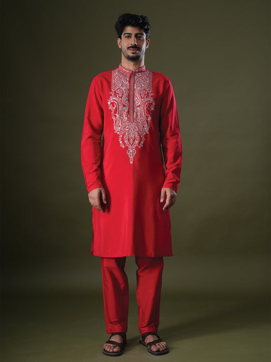 Shivang Red Embroidered Katan Kurta Set