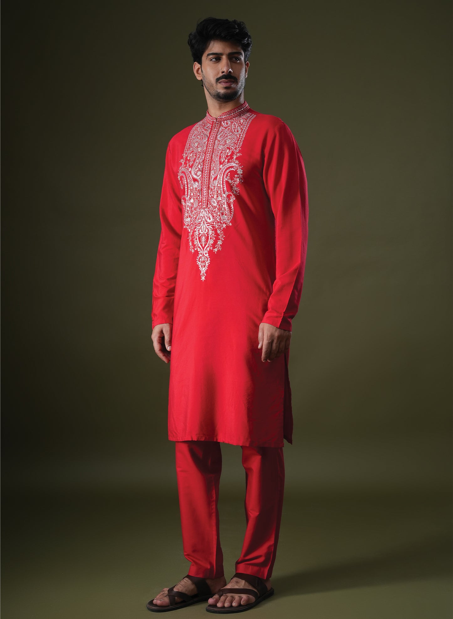 Shivang Red Embroidered Katan Kurta