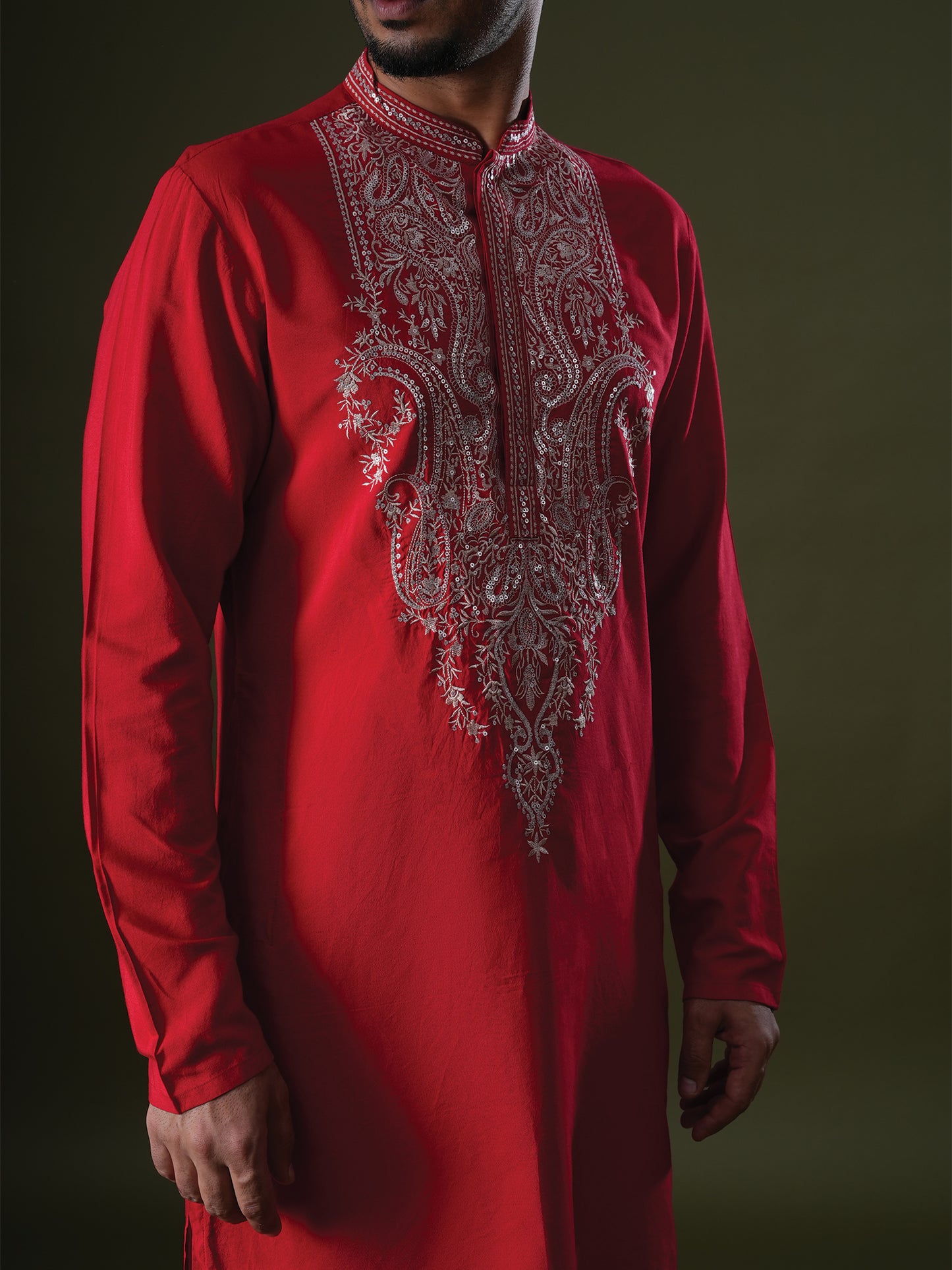 Shivang Red Embroidered Katan Kurta