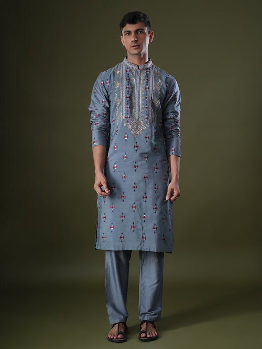 Tanvith Blue Embroidered Katan Kurta Set
