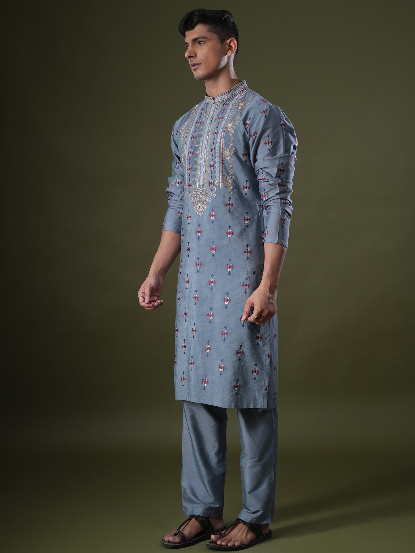 Tanvith Blue Embroidered Katan Kurta