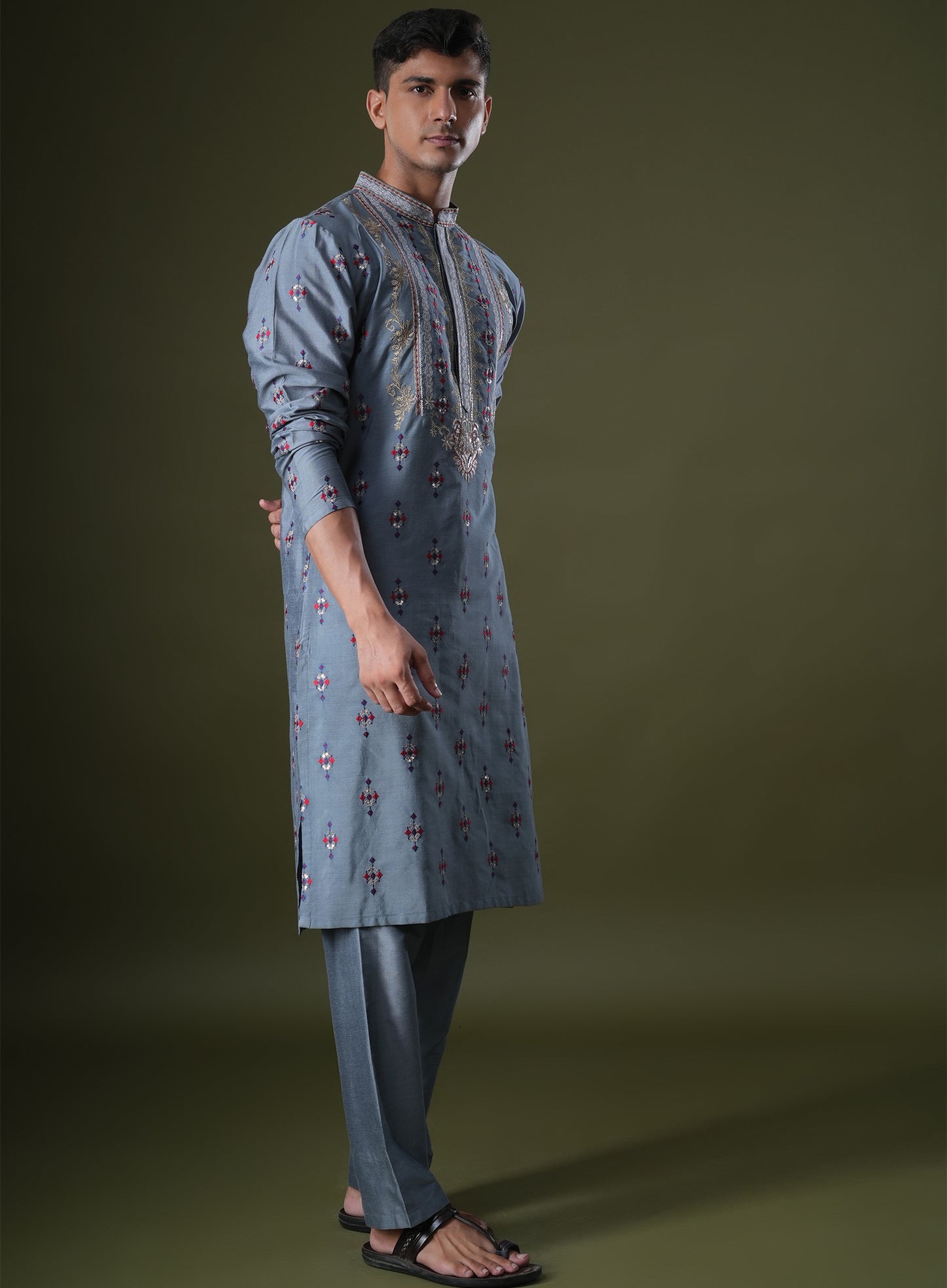 Tanvith Blue Embroidered Katan Kurta