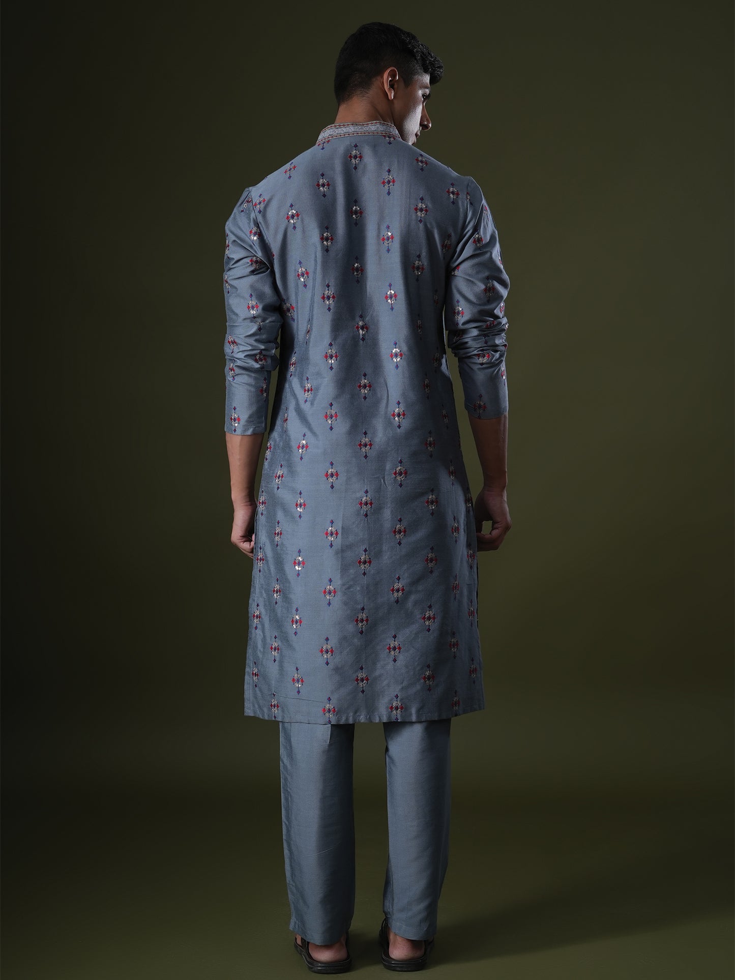Tanvith Blue Embroidered Katan Kurta
