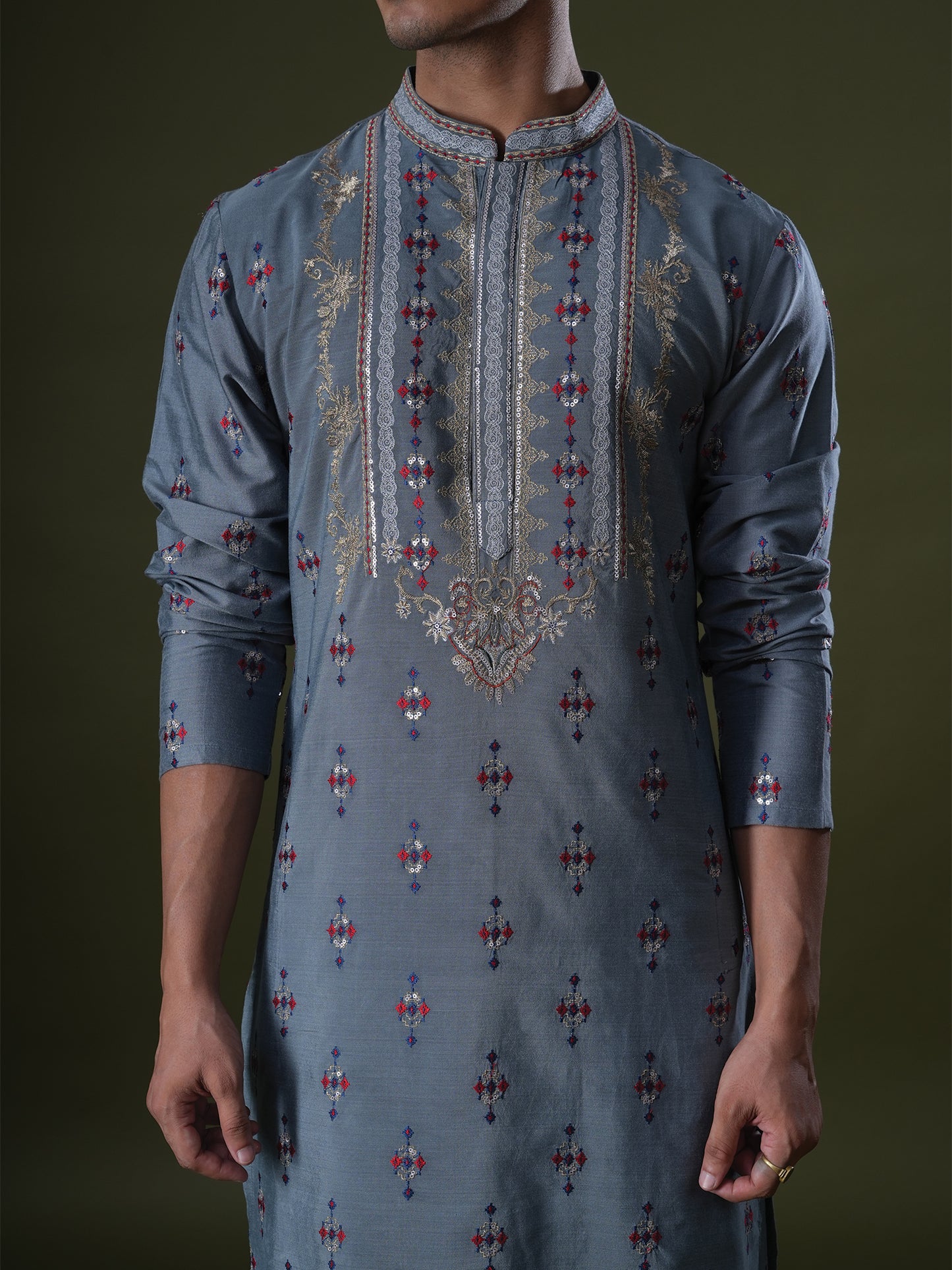 Tanvith Blue Embroidered Katan Kurta