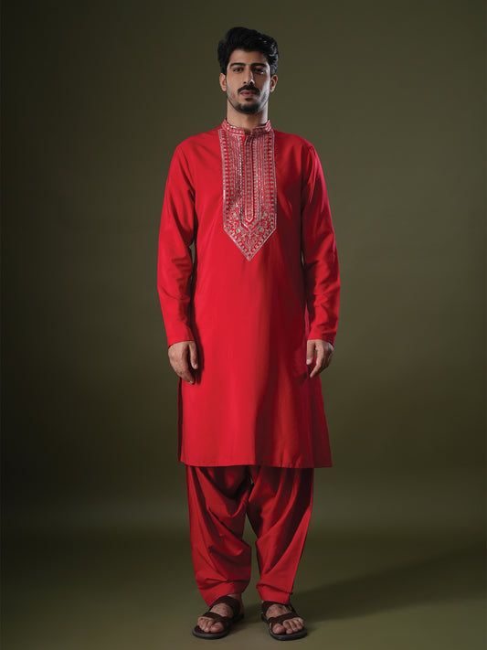 Shreen Red  Embroidered Katan Kurta Set