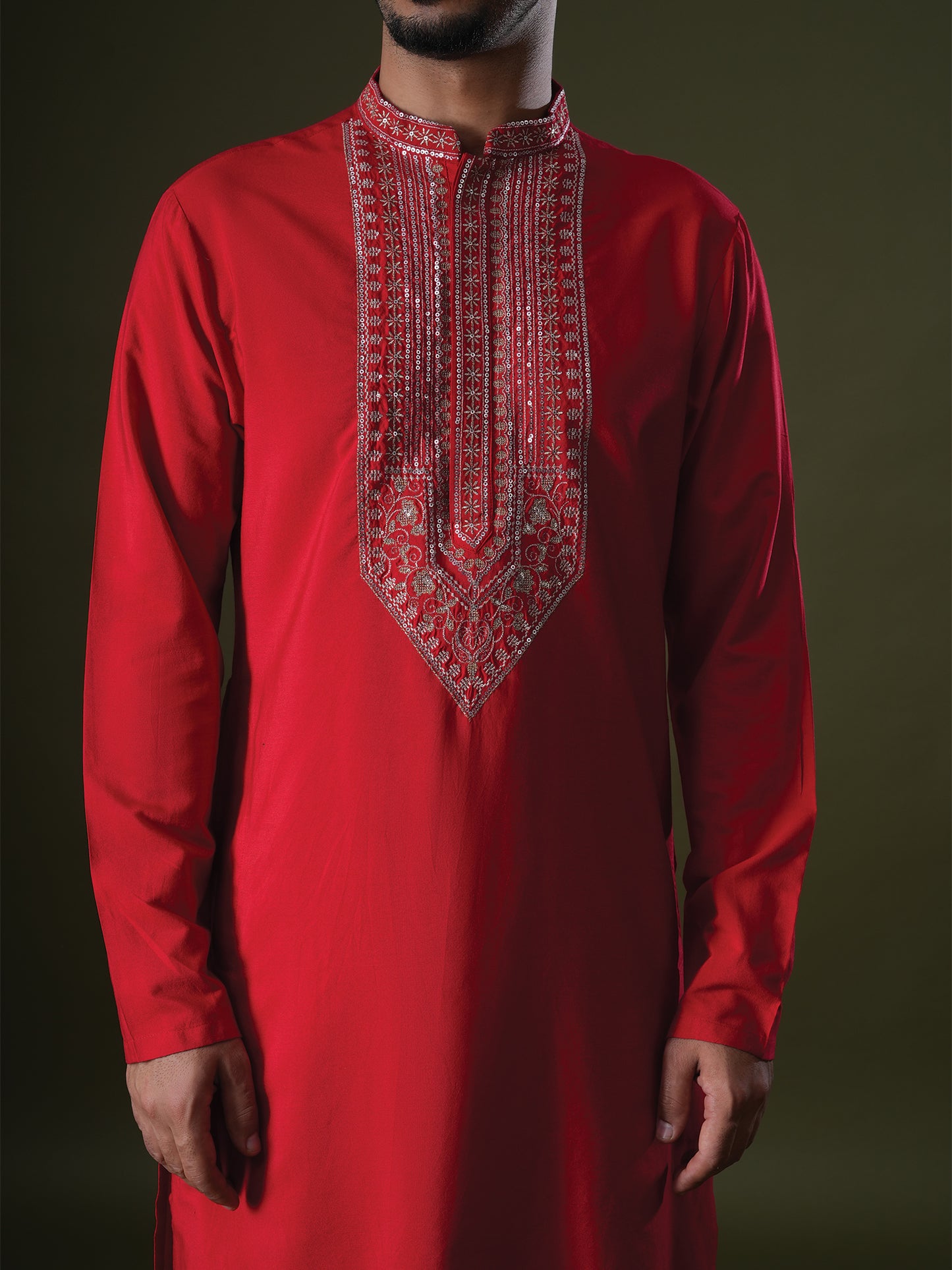 Shreen Red Embroidered Katan Kurta Set