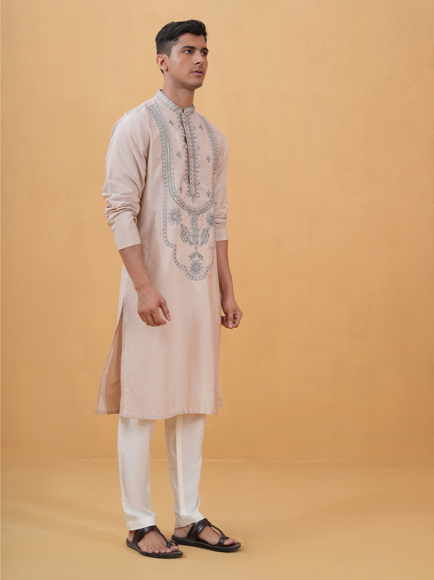 Saad Peach Embroidered Katan Kurta Set