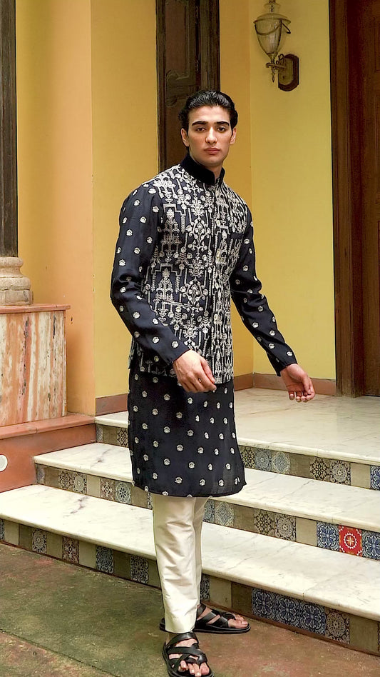 Tapan Blue Cotton Blend  Embroidered  Bundi