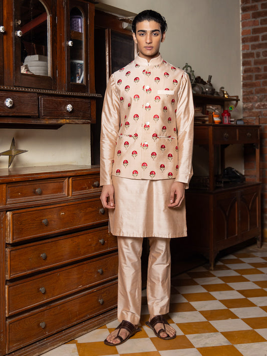 Nisk Beige Katan Embroidered Bundi Set