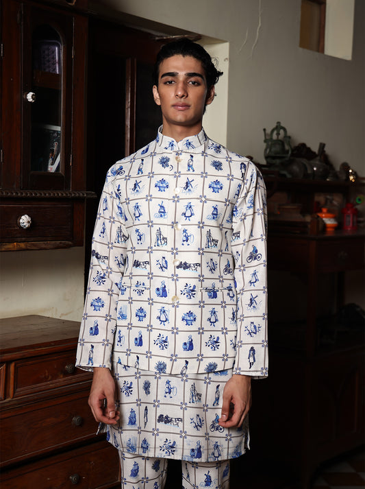 Laxit White Printed Cotton Bundi