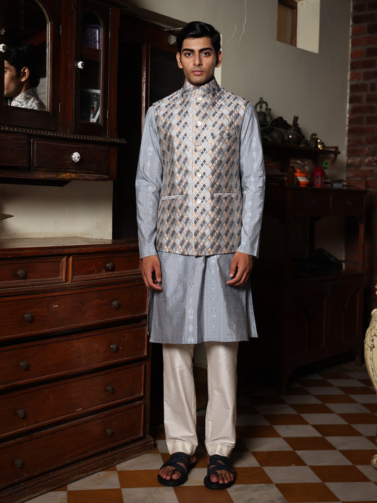 Dhivan  Blue Brocade Bundi set