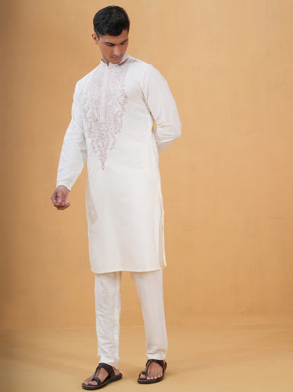 Shivang Ivory Embroidered Katan Kurta Set