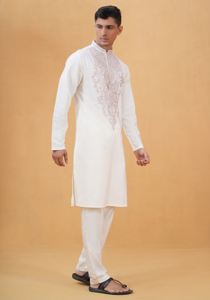Shivang Ivory Embroidered Katan Kurta Set