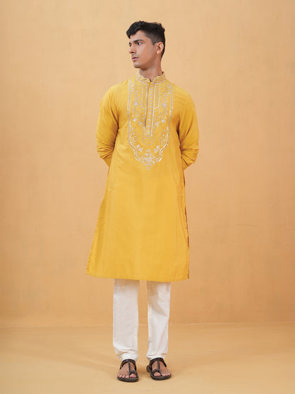 Nitigya Yellow Embroidered Katan Kurta Set