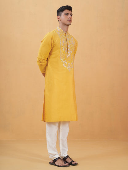 Nitigya Yellow Embroidered Katan Kurta Set