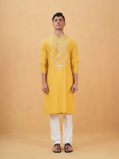 Nitigya Yellow Embroidered Katan Kurta Set