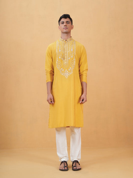 Nitigya Yellow Embroidered Katan Kurta Set