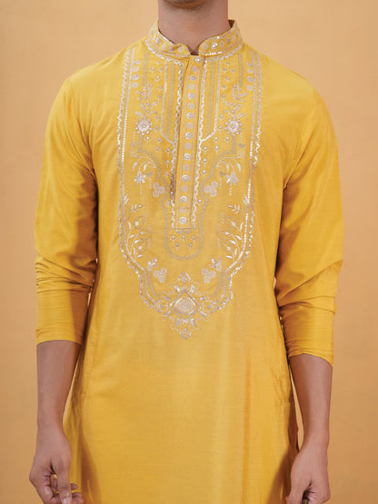 Nitigya Yellow Embroidered Katan Kurta Set