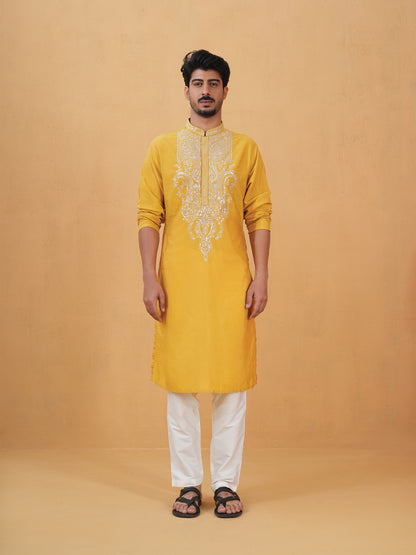 Shivang Yellow  Embroidered Katan Kurta Set
