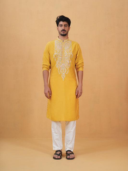 Shivang Yellow  Embroidered Katan Kurta Set