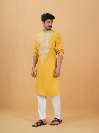Shivang Yellow  Embroidered Katan Kurta Set