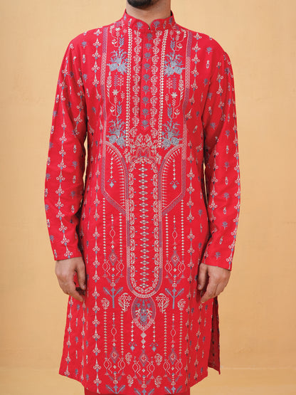 Tohsin Red Embroidered Katan Kurta Set
