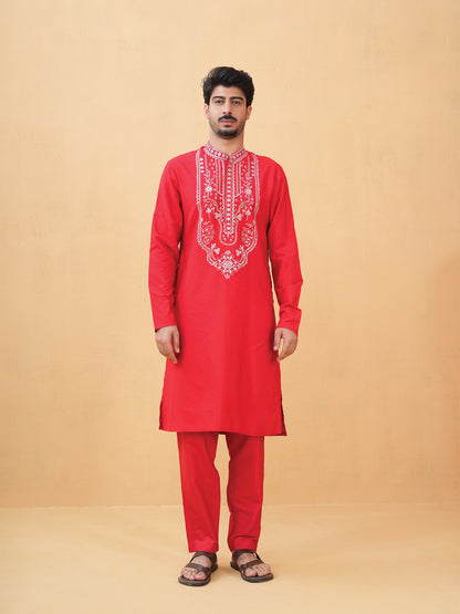 Nitigya Red Embroidered Katan Kurta Set