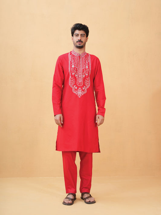 Nitigya Red Embroidered Katan Kurta Set