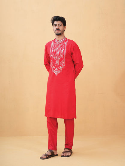 Nitigya Red Embroidered Katan Kurta Set