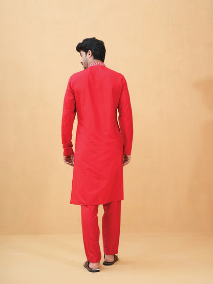 Nitigya Red Embroidered Katan Kurta Set
