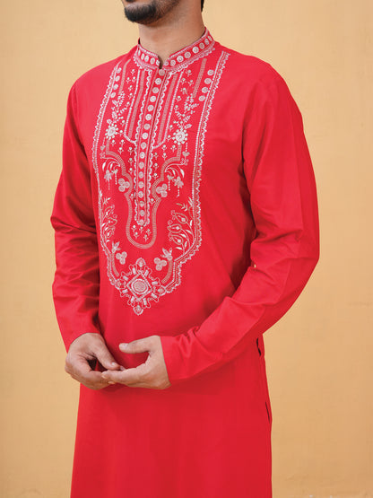 Nitigya Red Embroidered Katan Kurta Set