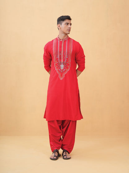 Aarnik Red Embroidered Katan Kurta Set