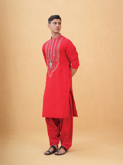 Aarnik Red Embroidered Katan Kurta Set