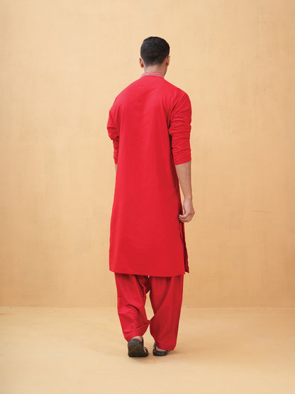Aarnik Red Embroidered Katan Kurta Set