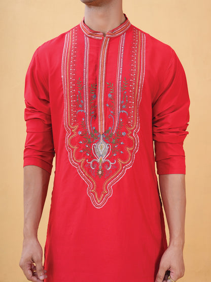 Aarnik Red Embroidered Katan Kurta Set