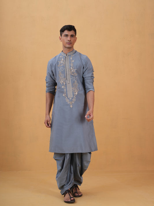 Anshul Blue Embroidered Katan Kurta